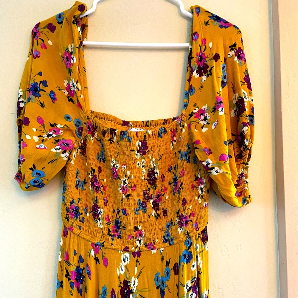 Band of Gypsies maxidress, yellow w floral pattern, tube-top, split skirt, M